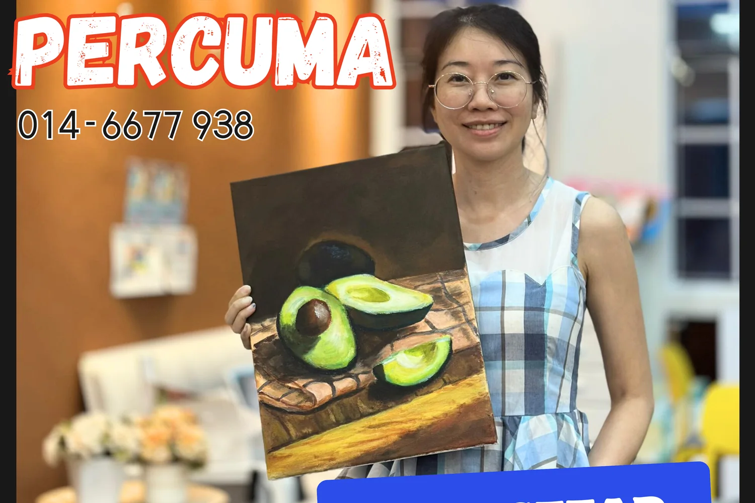 Adult student holding a black cat painting from Rycca Painting Class