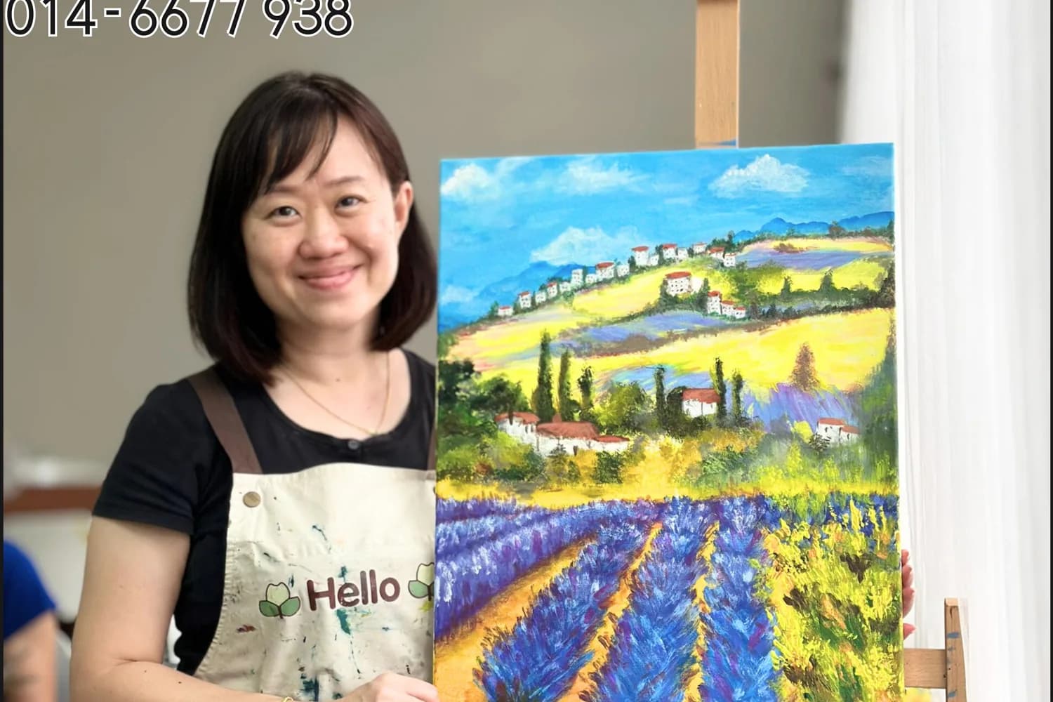 Adult student with colourful landscape painting from Rycca Painting Class Sungai Long