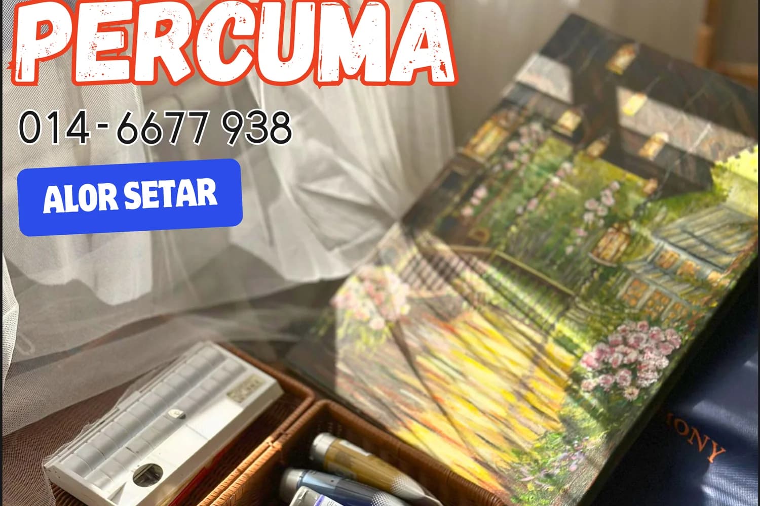 Art supplies and canvas prepared for a Rycca painting trial class in Sungai Long