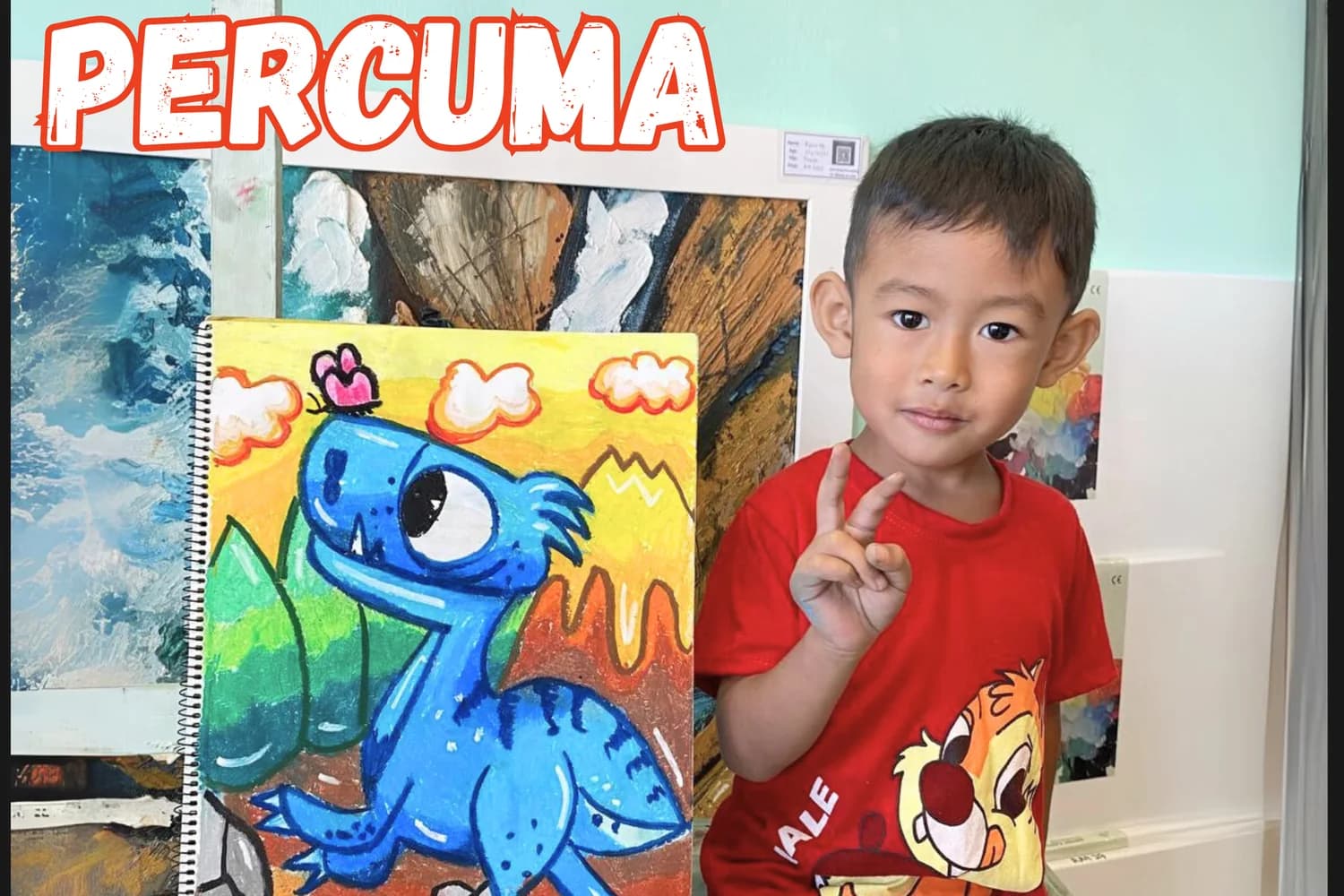 Boy holding a blue lizard cartoon painting from Rycca kids art class
