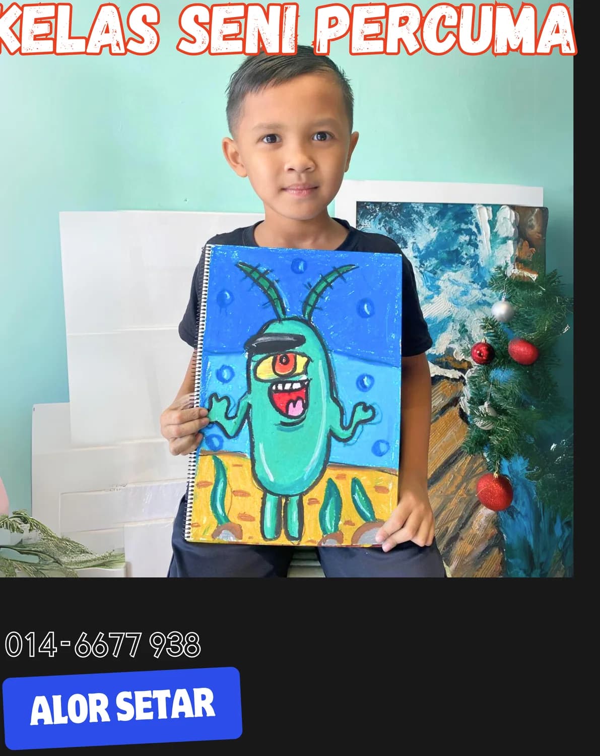 Boy presenting monster cartoon painting from Rycca kids class