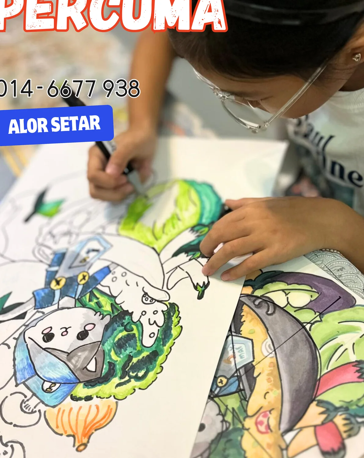 Child working on a colourful drawing during guided creative painting class