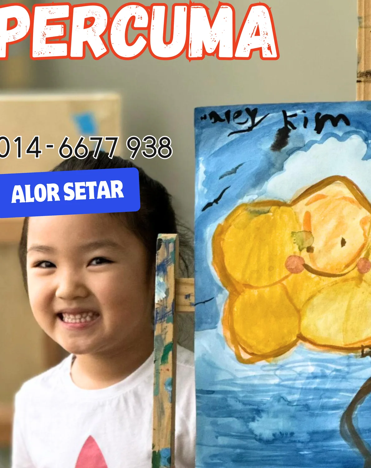 Young child presenting a yellow flower acrylic painting in Rycca art class